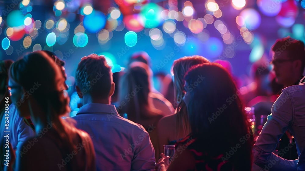 a group of people standing around a room with lights on the ceiling a group of people standing around a room with lights on the ceiling