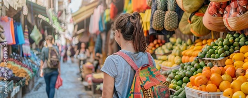 Travel blogger exploring a vibrant street market, taking notes on colorful stalls filled with exotic fruits and textiles photo