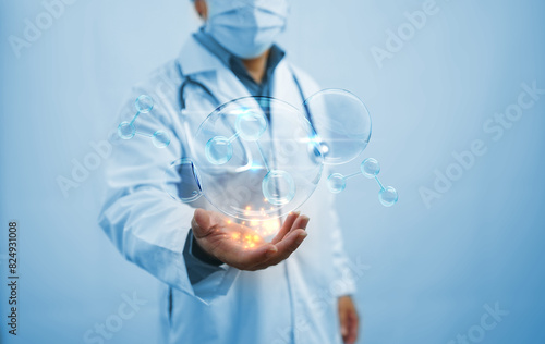 Doctor holding molecule inside liquid bubble. skincare cosmetics