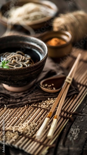 A tranquil setting of a soba noodle dish, arranged on a bamboo mat with dipping sauce and a bamboo ladle, conveying a Zenlike simplicity