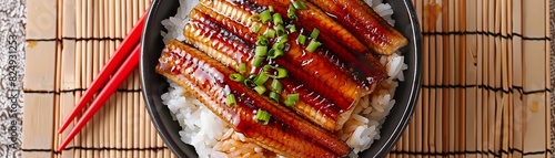 Unagi donburi topped with grilled eel and a sweet soy glaze, placed neatly on a bamboo mat photo