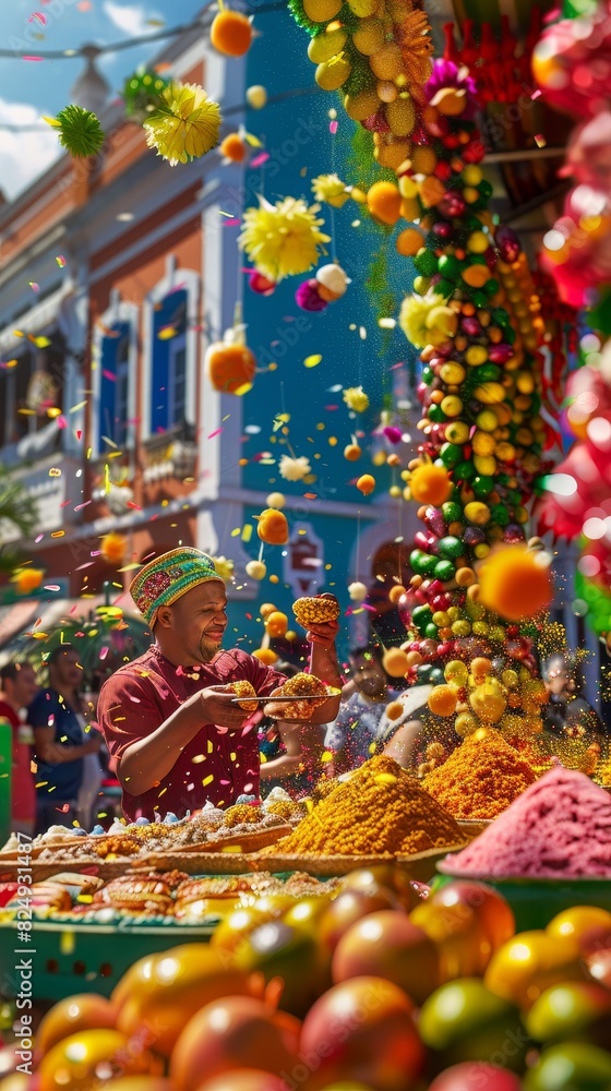 A vibrant Brazilian carnival scene with a vendor selling brigadeiros, with festive decorations and a lively crowd in the background