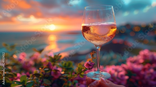 Closeup of a person holding a chilled glass of wine photo