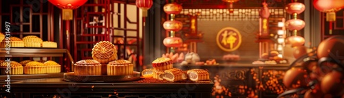 A vibrant Chinese bakery with mooncakes and egg tarts, set against a backdrop of traditional lanterns and festive decor