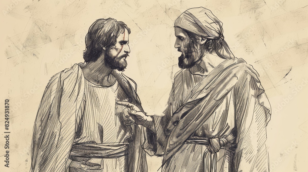Fototapeta premium Biblical Illustration of Jesus' Teaching to the Rich Young Ruler, Ideal for article