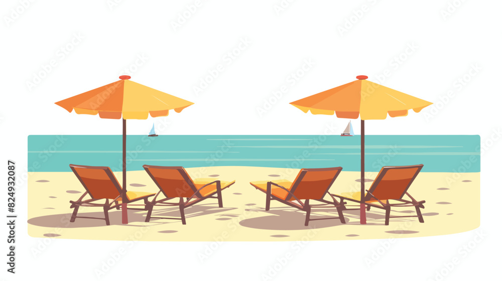 Empty summer beach with deckchairs and umbrellas. Pr