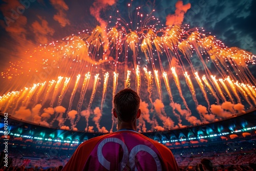 Olympic games Opening Ceremony: Wide shot of the stadium with fireworks and performers. 