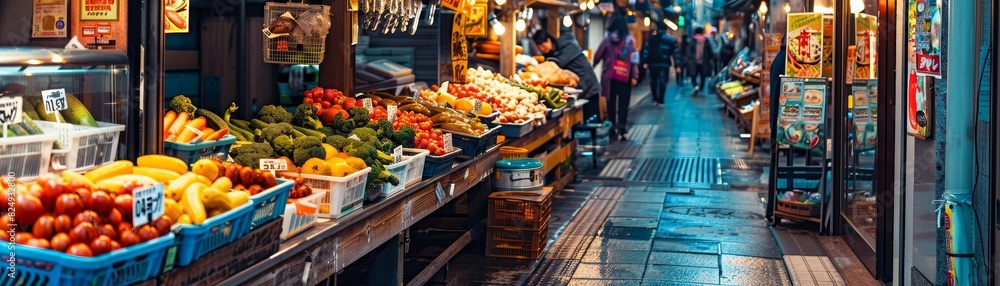 A vibrant scene of a street market in Japan, featuring stalls selling fresh seafood and vegetables, bustling with energy and local charm