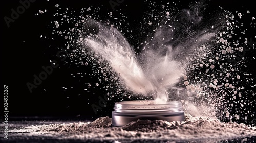The image portrays cosmetic makeup, specifically a container of loose powder with an open cover, showcasing powder splashing.  photo