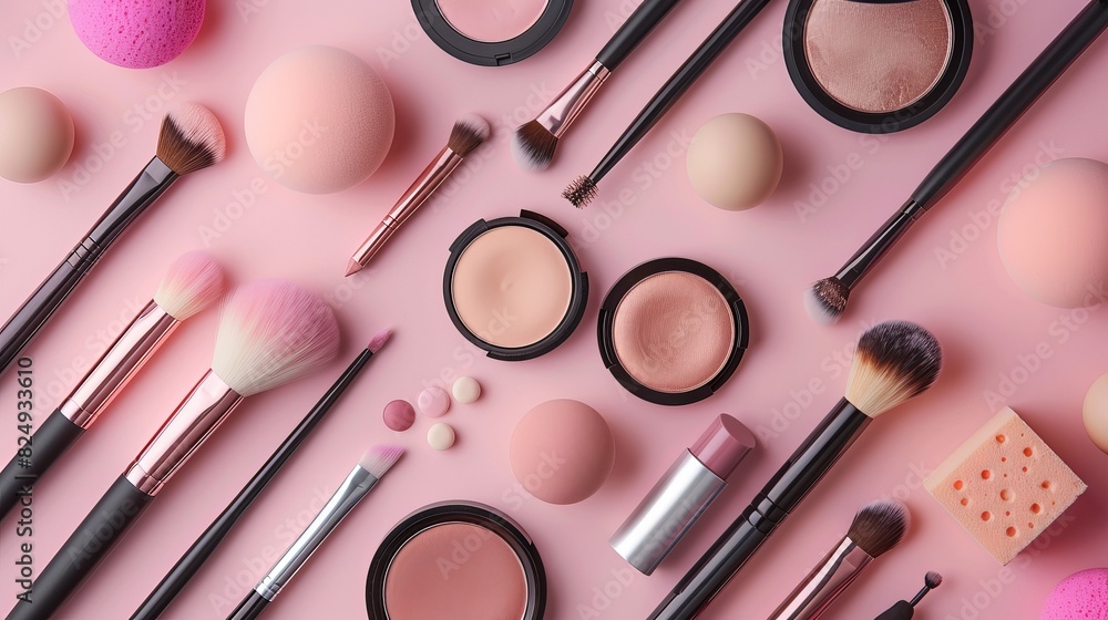 A top view captures eyeshadow, makeup sponges, and makeup brushes arranged neatly over a pink background, contributing to the beauty and makeup concept. A top view captures eyeshadow, makeup sponges, and makeup brushes arranged neatly over a pink background, contributing to the beauty and makeup concept.