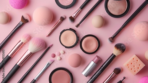 A top view captures eyeshadow, makeup sponges, and makeup brushes arranged neatly over a pink background, contributing to the beauty and makeup concept.