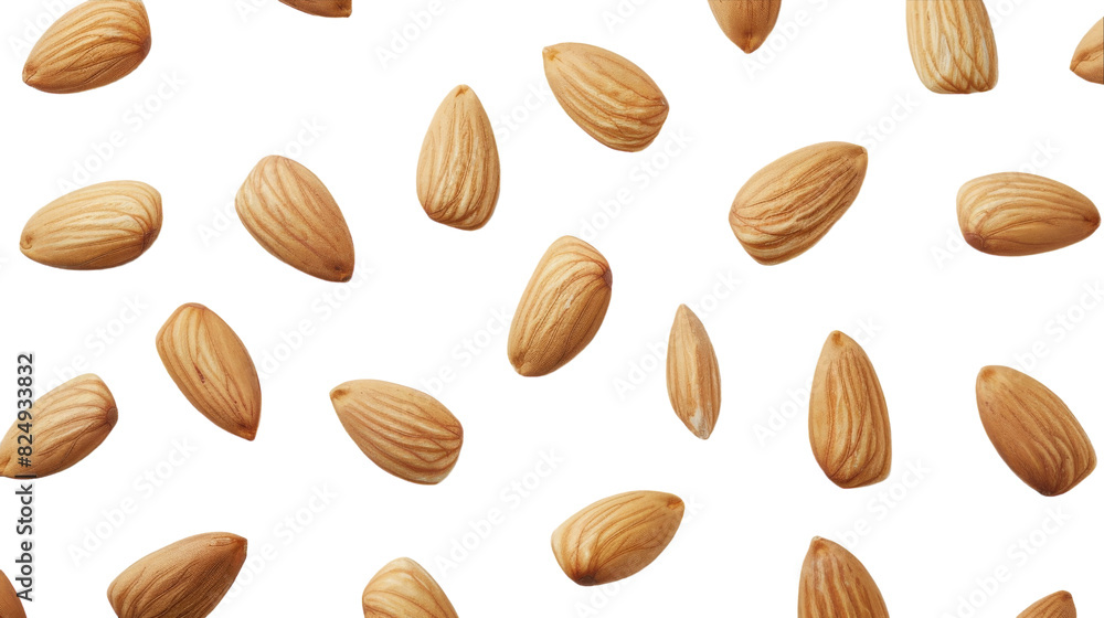 A collection of almonds scattered on a clean white surface A collection of almonds scattered on a clean white surface