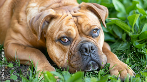 A cute brown bulldog lying on the grass, looking at camera with sad eyes