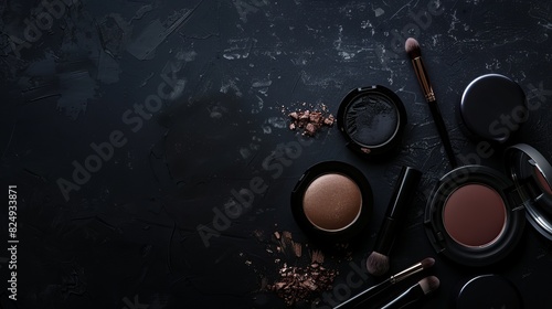A variety of makeup products are arranged on a dark background  leaving ample space for text or additional design elements