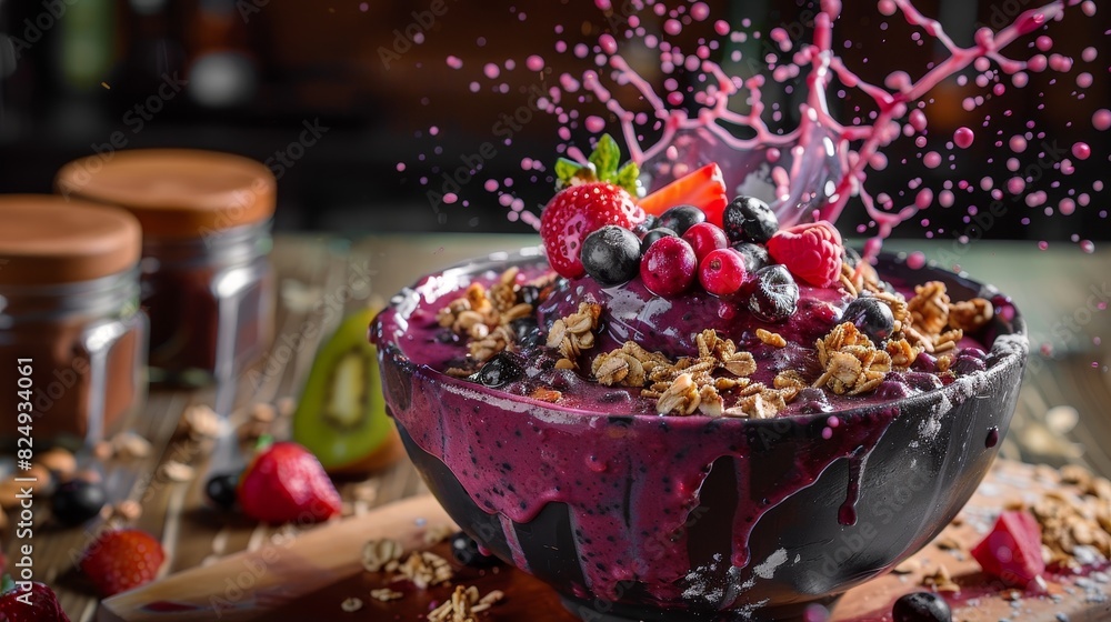 Acai bowl, topped with fruits and granola, vibrant Brazilian juice bar