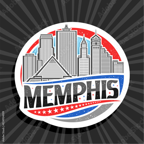Vector logo for Memphis, white decorative round tag with line illustration of famous memphis city scape on day sky background, art design refrigerator magnet with unique letters for black text memphis
