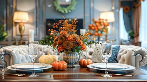 Classic living room with sofa and table setting decorated with pumpkins and flowers for thanksgiving day.  photo