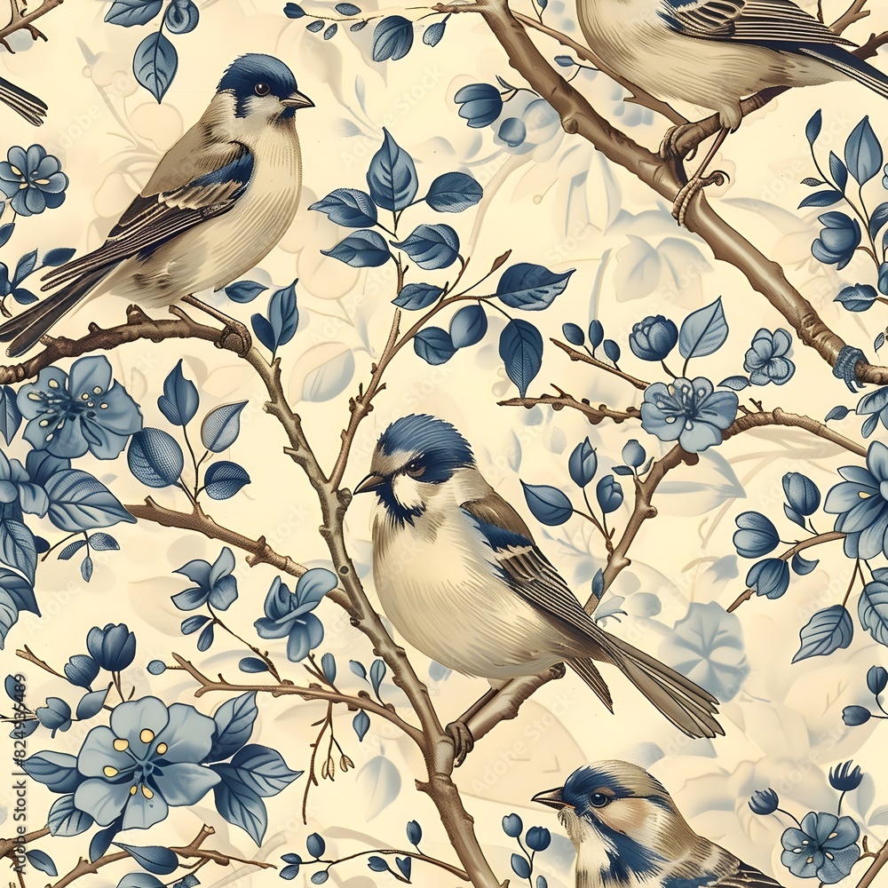 Exotic Bird Toile de Jouy Pattern Intricate Design with Birds in Flight ...
