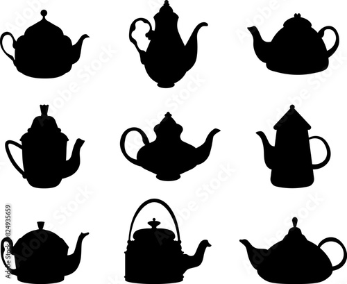 Teapot silhouettes. Kitchen teapot or kettle decorative ceramic. Isolated modern coffee tea vector set.