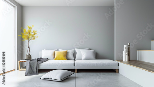 Beautiful and sophisticated living room  sofa  cushions  furniture. Real estate  villa  sofa  minimalist room  copy space  mock up