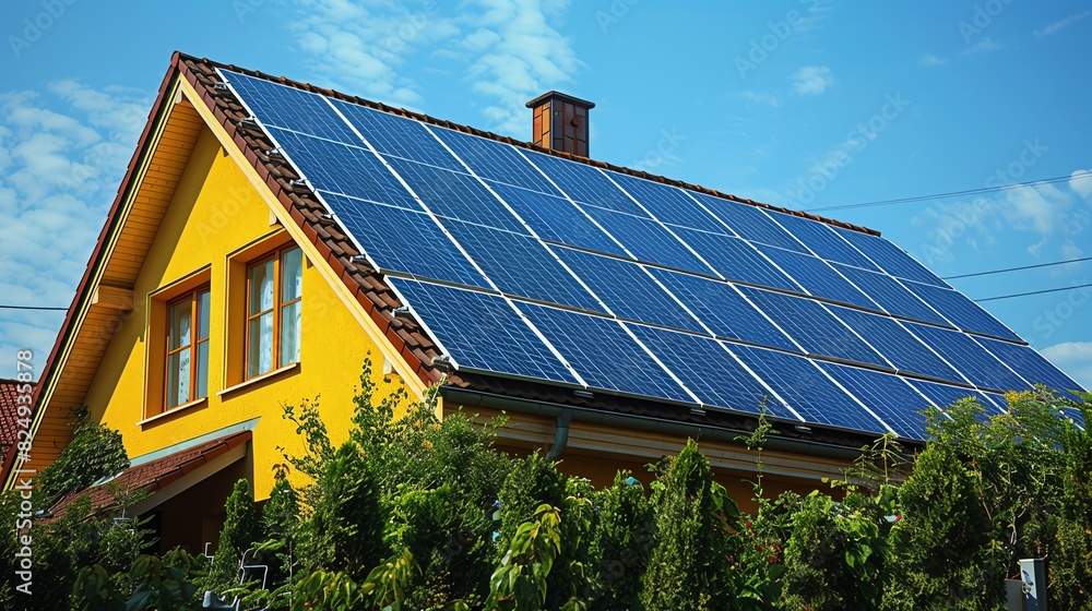 A craftsman installing solar panels on a roof. The roof is yellow and the sky is blue. The solar panels are black and they are being installed in a grid pattern. A craftsman installing solar panels on a roof. The roof is yellow and the sky is blue. The solar panels are black and they are being installed in a grid pattern.