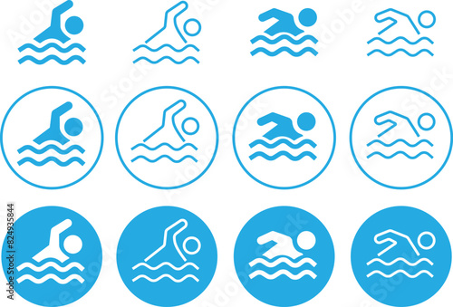 Set of blue Swimmer icons. Swim icons page symbols for your web site designs. Concept of swimming pool, summer competition and more in trendy flat style with editable stock on transparent background.
