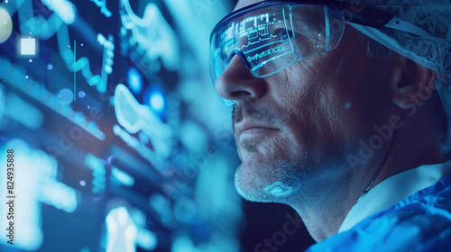 Wallpaper Mural Man with Glasses Analyzing Data on a High-Tech Digital Screen Torontodigital.ca