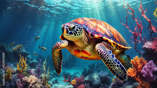 green sea turtle swimming in a coral reef