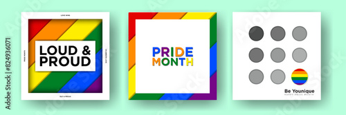 LGBT Pride Month Greeting Card Set. Collection LGBTQ+ Pride Month Social Media Posts for pride month. Vector Illustration. Paper art and origami rainbow flag. Isolated. Rainbow banners.
