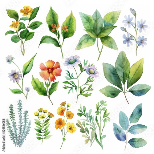 A collection of watercolor botanical illustrations featuring various flowers and leaves in a vibrant and delicate style.