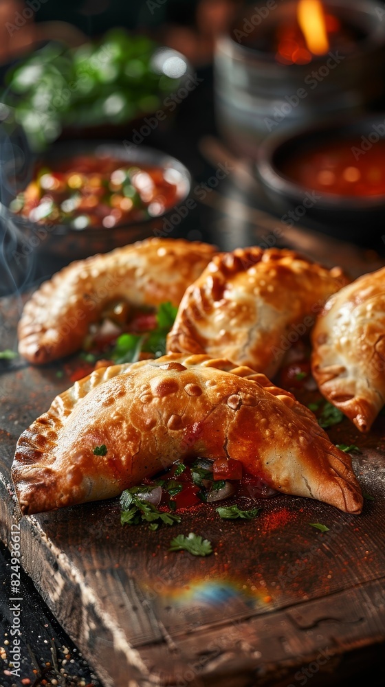 Beef empanadas, golden and flaky, served with a side of salsa, intimate Argentine cafe