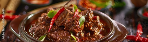 Beef rendang, slowcooked in coconut milk and spices, festive Indonesian ceremony photo