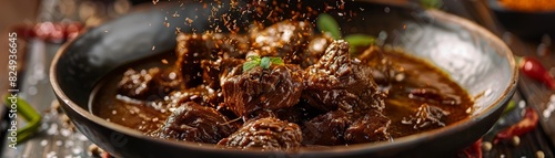 Beef rendang, slowcooked in coconut milk and spices, festive Indonesian ceremony photo