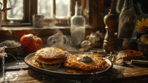 Belarusian Draniki, crispy potato pancakes, served with sour cream, rustic village kitchen, natural light streaming through a window photo