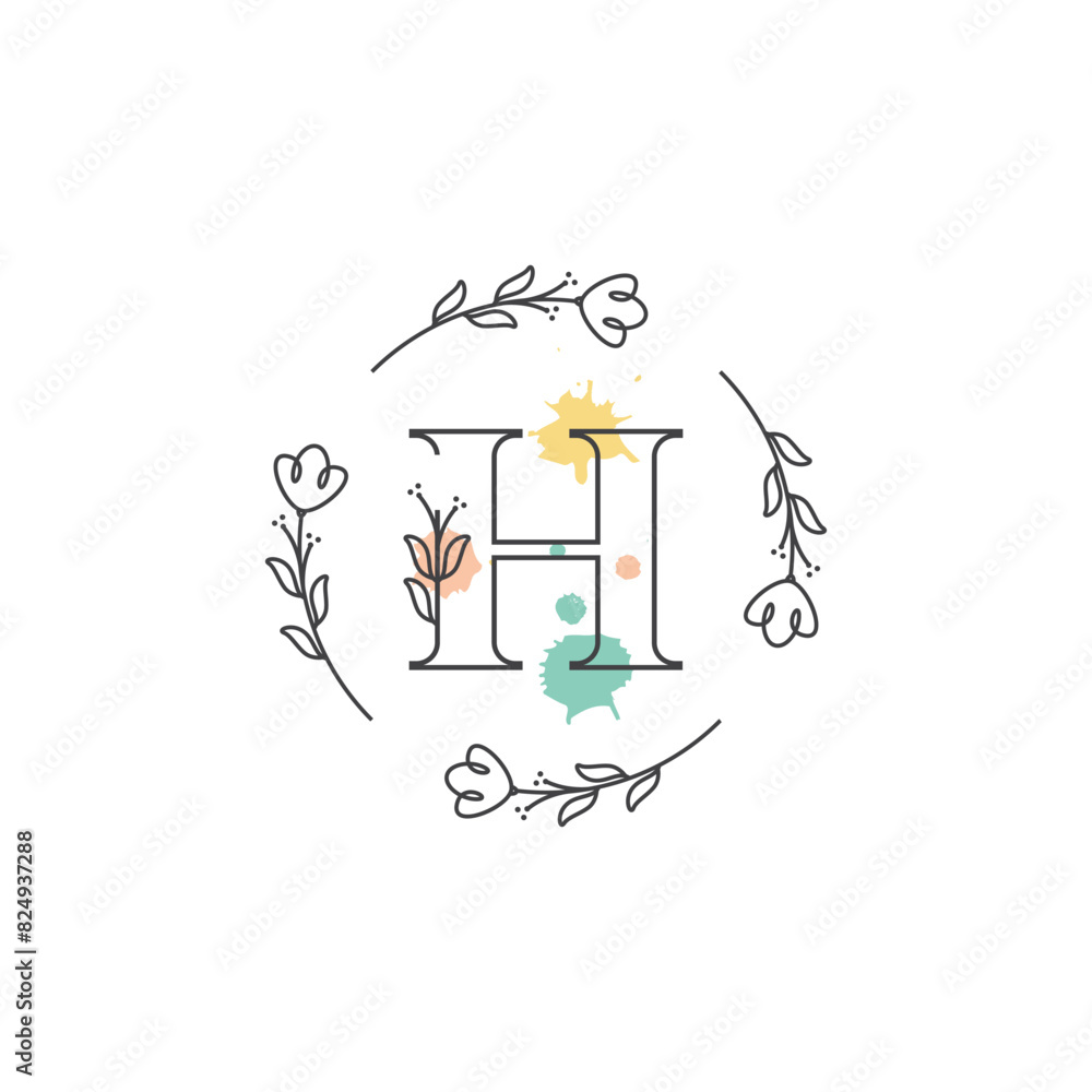 letter h flower minimalist coloring logo design vector