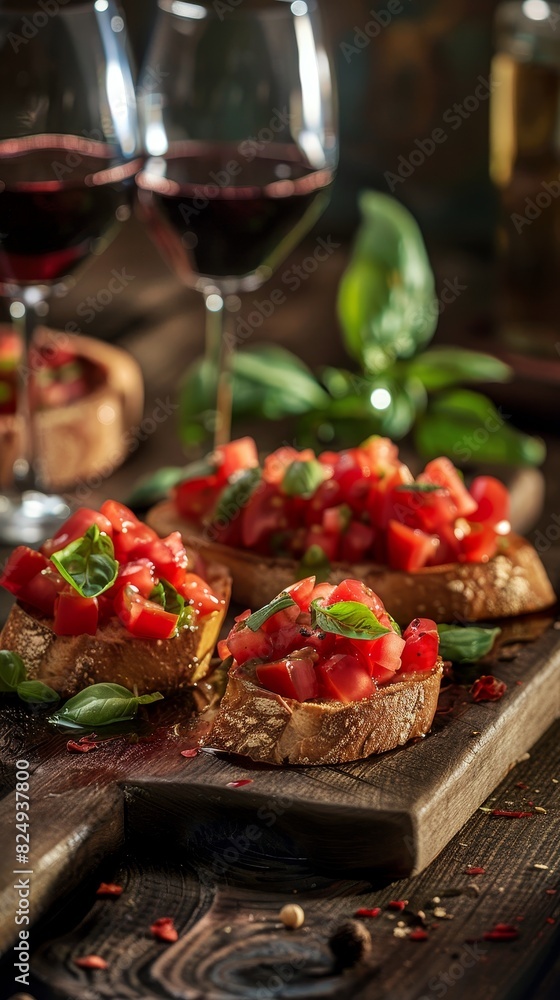 Bruschetta, toasted bread topped with tomatoes and basil, Italian wine bar
