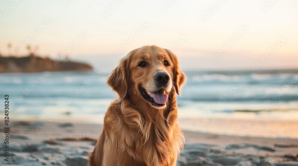 An adorable dog sitting on a beach, with the ocean waves in the background and a joyful expression on its face