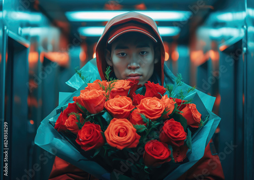 Chico joven 18 años asiático, repartidor a domicilio, llevando un ramo de flores, rosas rojas, la cara del repartidor sobresale encima del ramo, cerca de los ascensores, pasillo, fondo oscuro photo