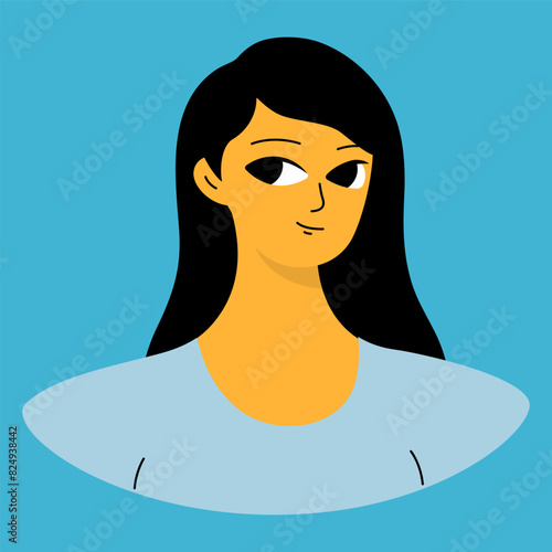 Positive emotions concept. Cartoon cute girlish face. Woman with happy smile. Isolated vector character.