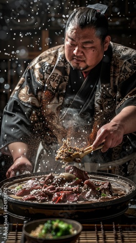 Chanko nabe  sumo wrestler stew with various meats  served in a sumo training hall in Japan