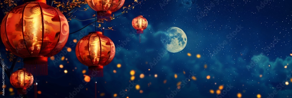 Chinese new year lanterns night on blue sky banner.Ai generative Chinese new year lanterns night on blue sky banner.Ai generative