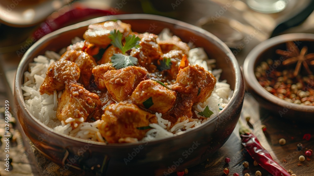 Chicken vindaloo, spicy Goan curry served with rice, cozy beach shack in Goa Chicken vindaloo, spicy Goan curry served with rice, cozy beach shack in Goa