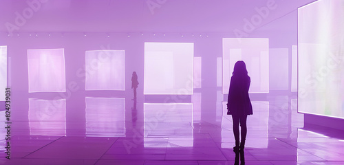 Reflective girl in an elegant gallery, examining empty canvases, soft plum colored background providing depth. © Nasreen