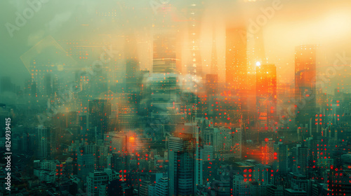 A dynamic double exposure photograph featuring a cityscape blended with technological circuit patterns, captured with an 85mm F1.2 lens, with enhanced lighting and colors processed in LR+PS, set photo