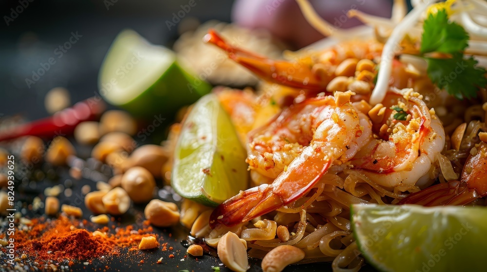 Closeup of Pad Thai, fresh shrimp and tamarind sauce, garnished with crushed peanuts and lime wedges, traditional Thai street market background