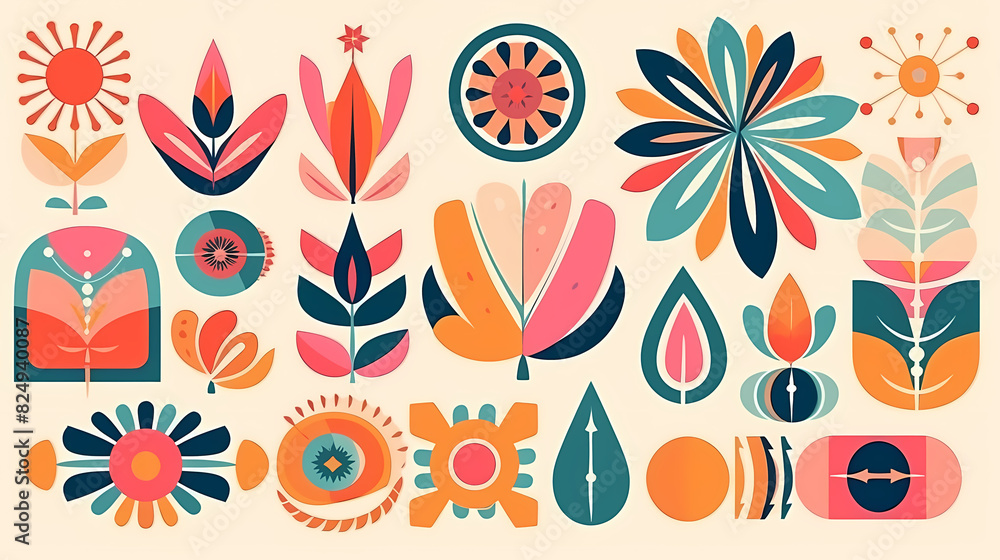 Set of abstract retro geometric shapes vector. Collection of contemporary figure, sparkle, arrow, flower in 70s groovy style Set of abstract retro geometric shapes vector. Collection of contemporary figure, sparkle, arrow, flower in 70s groovy style
