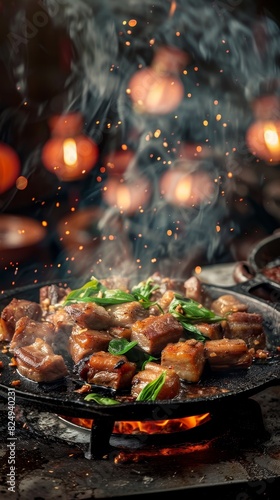 Crispy pork belly with Thai basil  sizzling hot on a cast iron skillet  street market with glowing lanterns