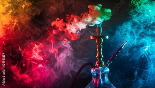 Vibrant Hues: Abstract Colored Smoke Hookah with Gel Filter on Black Background