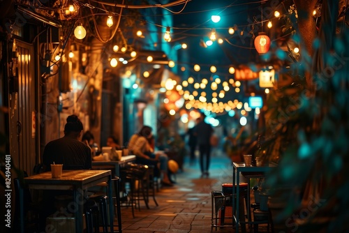 Diners enjoying meals and drinks at restaurant tables in bustling city nightlife setting during the evening