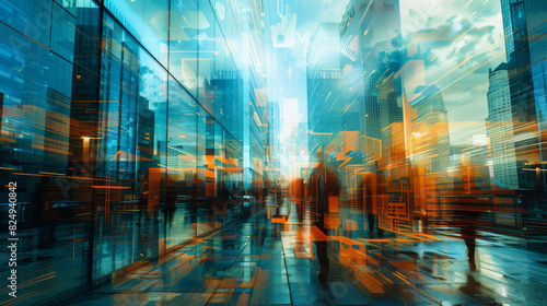 An innovative double exposure image that merges urban architecture with futuristic tech graphics, photographed using an 85mm F1.2 lens and refined in LR+PS, resulting in a visually compelling and photo